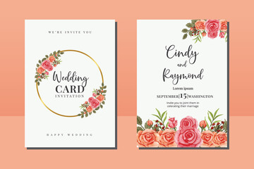 Wedding invitation frame set, floral watercolor hand drawn Pink Rose Flower design Invitation Card Template