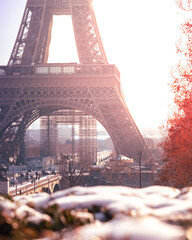 Eiffel tower, paris, france in winter, a snowy day view from Trocadero, romantic city
