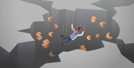 african american businessman with dollar euro signs falling down in hole abyss financial crisis bankruptcy concept horizontal full length vector illustration