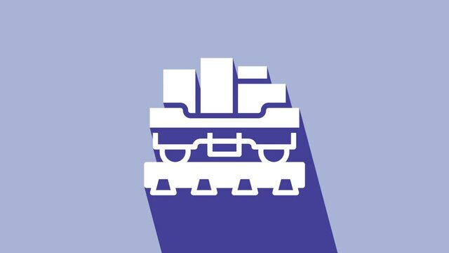 White Cargo train wagon icon isolated on purple background. Full freight car. Railroad transportation. 4K Video motion graphic animation