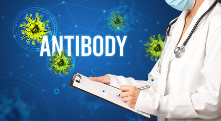 doctor prescribes a prescription with ANTIBODY inscription, pandemic concept