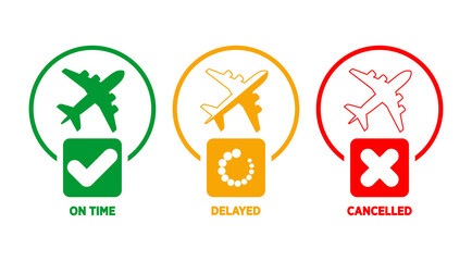 Fototapeta premium Information about the status of the flight at the airport. The plane from the point of departure arrives on time, is delayed, canceled. Vector on transparent background