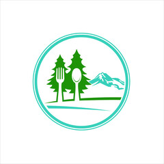 illustration of mountain and cutlery, icon for restaurant outdoor theme.