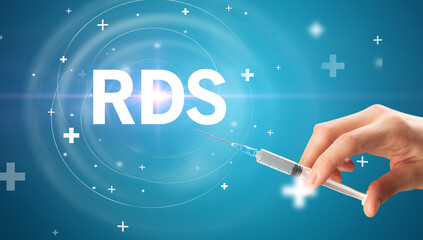 Syringe needle with virus vaccine and RDS abbreviation, antidote concept