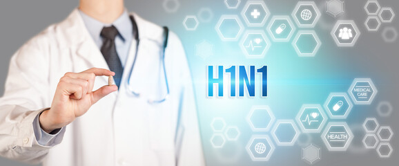 Close-up of a doctor giving you a pill with H1N1 inscription, medical concept