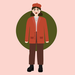 stylish girl fashion, retro, vintage, beautiful, suit, standing, drawing 