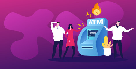 sad businesspeople near ATM machine with flaming dollar symbol financial crisis transaction denied locked bank credit card bankruptcy concept horizontal full length vector illustration