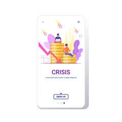 stressed businessmen sitting on coins stack using laptop falling down arrow financial crisis failure budget collapse bankruptcy concept smartphone screen mobile app copy space vector illustration