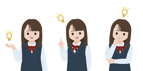 学生　女子生徒　美少女　閃く　アイデア　ポーズ　上半身　イラスト素材