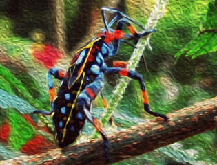 Simulation of oil painting with real photography of a super colorful beetle