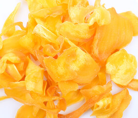 Vacuum fried JackFruit Chips in plate isolated on the white background