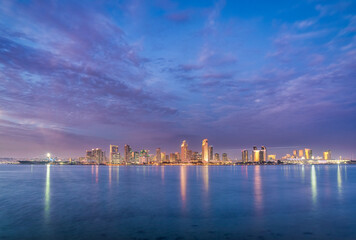 San Diego skyline at twilight with beautiful colors and bright city lights