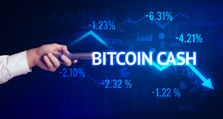 male hand holding wireless peripheral with BITCOIN CASH inscription, modern business concept