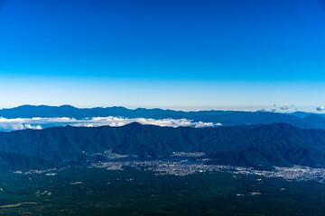 日本。富士山からの風景。山梨県。河口湖。晴天。