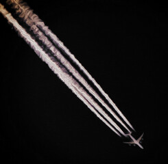 Simulation of oil painting with real photography
of an aircraft with a large trail of condensation