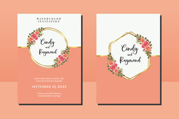 Wedding invitation frame set, floral watercolor hand drawn Pink Rose Flower design Invitation Card Template