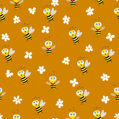 Seamless pattern with bees and flowers on brown background. Vector illustration. Adorable cartoon character. Template design for invitation, cards, textile, fabric. Doodle style.