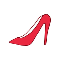 red high heel shoe vector illustration on white background. high heel icon. sexy and glamour for woman. beauty shoes. hand drawn vector. doodle for logo, branding, sticker, advertising, clipart. 
