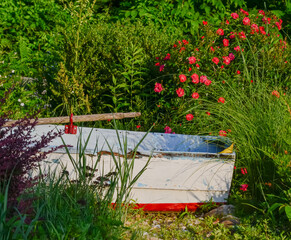 An old rowboat incorporated as an element in a coastal garden.  Long Island, New York.
