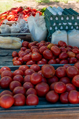 selling fruits, vegetables and eggs in a street market