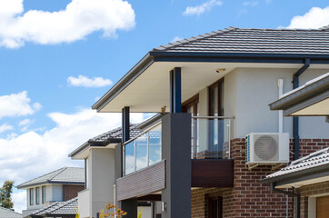 The balcony of a modern two-story residential house or Australian home in a suburb. Concept of real...