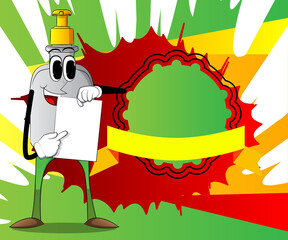 Cartoon bottle of hand sanitizer gel for hygiene with face holding white paper and pointing at it.