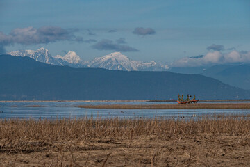 Fototapeta na wymiar coast filled with brown grasses with snow-covered mountain range over the horizon