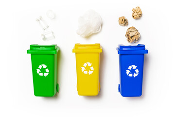 Separation recycle. Yellow, green, blue dustbin for recycle plastic, paper and glass can trash isolated on white background. Bin container for disposal garbage waste and save environment.