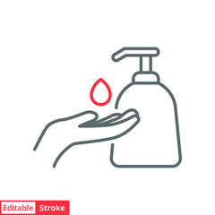 Hand sanitizer icon, line style. Washing hand with sanitizer liquid soap. Vector illustration. Design on white background. Editable stroke EPS 10