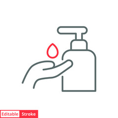 Hand sanitizer icon, line style. Washing hand with sanitizer liquid soap. Vector illustration. Design on white background. Editable stroke EPS 10