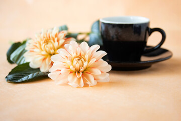 Fototapeta na wymiar ダリアの花と黒いコーヒーカップに入れたコーヒー花とコーヒー