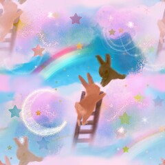 Adorable illustration of a rabbit climbing up a ladder on a dreamy cute cloud with a rainbow and a rabbit lending a hand.