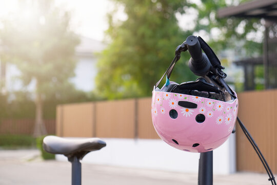 Close Up Of Helmet On Bicycle Handle