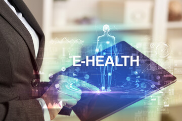 Electronic medical record with E-HEALTH inscription, Medical technology concept