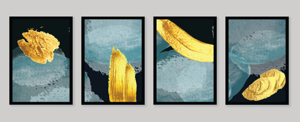 Luxury gold wallpaper.  Black and golden background. Grunge wall art design with dark blue and green color, shiny golden light texture. Modern art mural wallpaper. Vector illustration. © TWINS DESIGN STUDIO