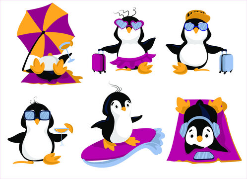 Set cute penguins on vacation. Penguins with suitcases, penguins surfing, sunbathing and drinking cocktails. Humor illustration. Print for T-shirts, sweatshirts, sweaters. Fun holidays