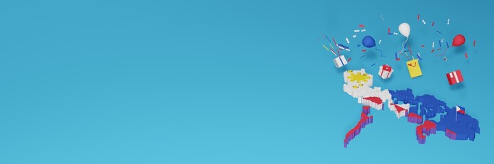 Map of the Philipines combined with flags for social media and website background covers, addition
Balloons, gift boxes and bags to celebrate National Shopping Day and National Independence Day in 3d 