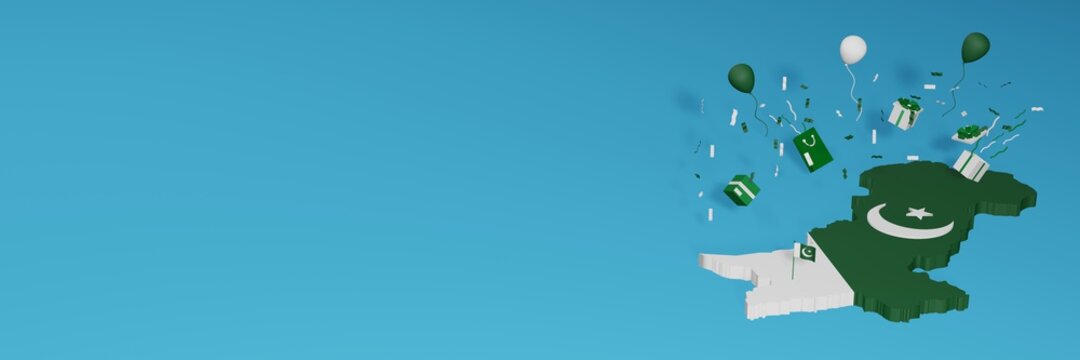 Map of Pakistan combined with flag for social media and website background covers, addition
Balloons, gift boxes and bags to celebrate National Shopping Day and National Independence Day in 3d renderi