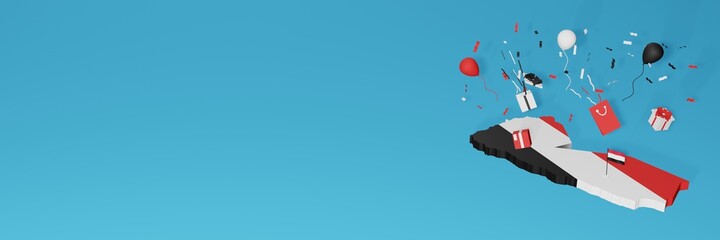 Yemen map combined with flag for social media and website background cover, additions
Balloons, gift boxes and bags to celebrate National Shopping Day and National Independence Day in 3d rendering