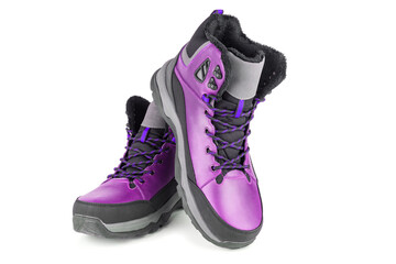 pair of pink insulated winter warm three quarter sneaker or boot isolated on white background