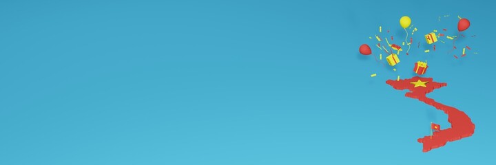 Map of Vietnam combined with flags for social media and website background covers, additions
Balloons, gift boxes and bags to celebrate National Shopping Day and National Independence Day in 3d render