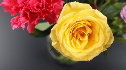 Close up. Beautiful bouquet of blooming colorful bright flowers isolated in dark background. 