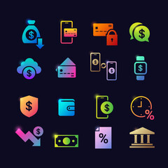set different financial banking symbols glowing neon icons collection flat vector illustration