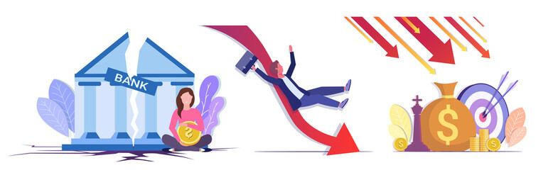 Obraz premium set falling arrows decrease economy stretching rising drop financial crisis failure budget collapse downward graph concepts collection horizontal full length vector illustration
