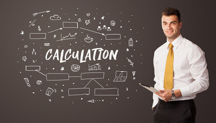 Businessman thinking with CALCULATION inscription, business education concept