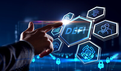 DeFi -Decentralized Finance on dark blue abstract polygonal background. Concept of blockchain,...