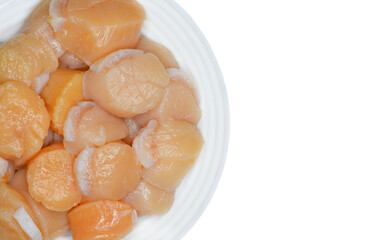 raw scallop meat, delicious seafood, healthy food and diet ,  isolated on a white background, copy space text