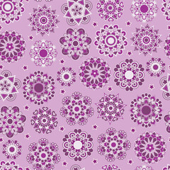 Cute purple floral ornament mandala flower with small stars seamless vector pattern design. Room wallpaper. Notebook cover. Card. Fabric. Textile