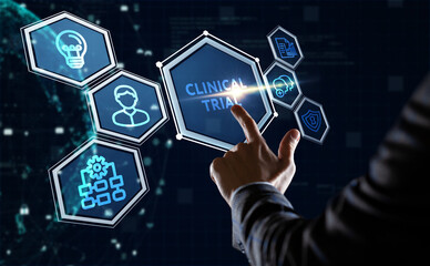 Business, Technology, Internet and network concept. Business man working on the tablet of the future, select on the virtual display: Clinical trial