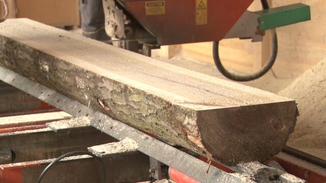 Sawmill. Process of machining logs in equipment sawmill machine saw saws the tree trunk on the plank boards. An old woodworking machine cuts the board to the specified dimensions.
